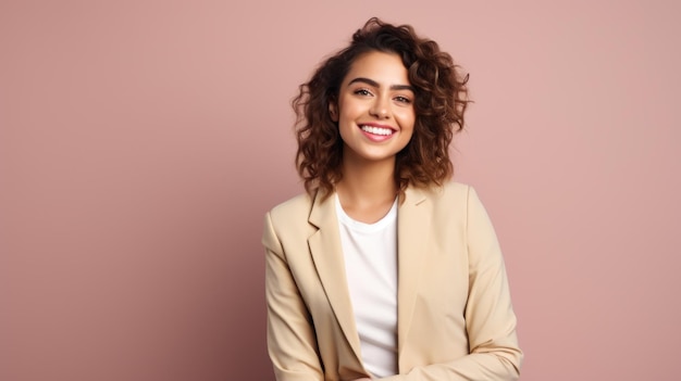 Jeune femme d'affaires souriante posant sur un fond de couleur douce