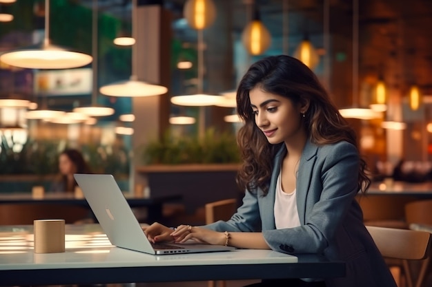 Une jeune femme d'affaires souriante tapant au bureau.