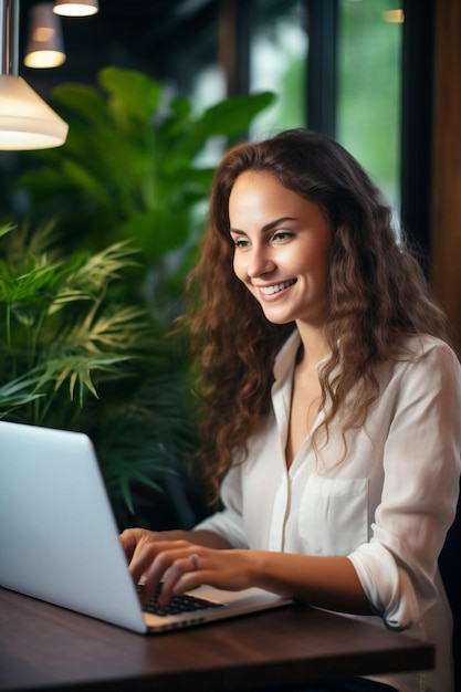 jeune femme d'affaires souriante travaillant avec un ordinateur portable à la maison