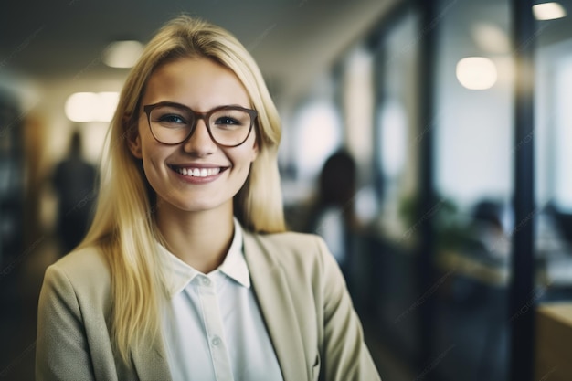 Jeune femme d'affaires suédoise intelligente visage souriant debout dans un arrière-plan flou d'un bureau occupé Generative AI AIG20