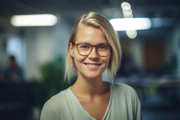 Jeune femme d'affaires suédoise intelligente visage souriant debout dans l'arrière-plan flou du design d'intérieur de bureau coloré créatif Generative AI AIG20