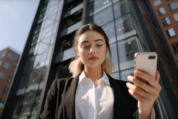 Photo jeune femme d'affaires avec un téléphone dans ses mains, debout contre des gratte-ciel d'entreprise contemporains
