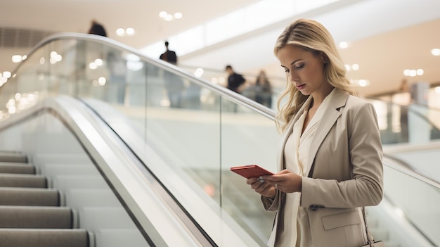 Une jeune femme d'affaires tenant un smartphone sur un fond flou avec un espace de copie pour le placement du texte