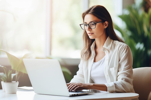 Jeune femme d'affaires travaillant au bureau photo défocalisée