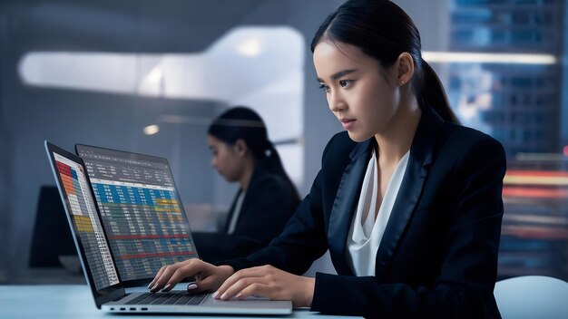 Une jeune femme d'affaires utilisant un ordinateur portable