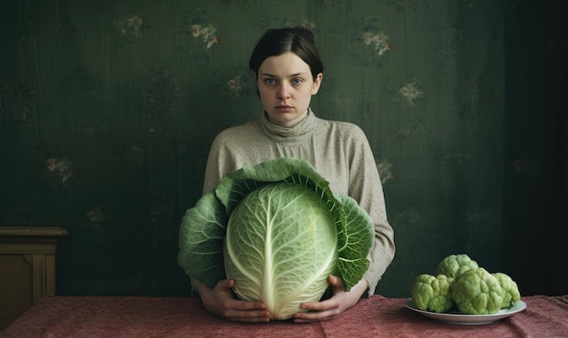 Une jeune femme affiche fièrement un gros chou frais sa récolte dans une cuisine ensoleillée AI Generative