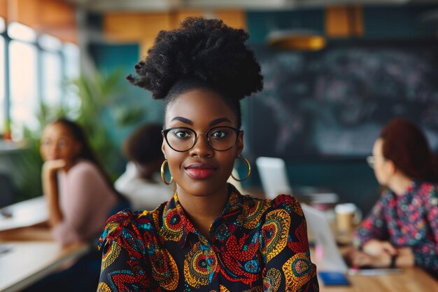 Une jeune femme africaine confiante dirige efficacement une réunion d'équipe dans un bureau moderne