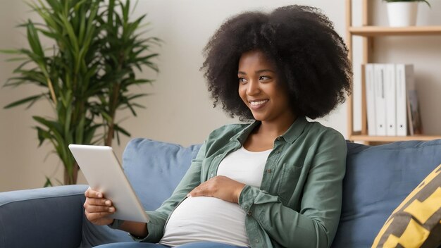 Photo une jeune femme africaine enceinte souriante utilisant une tablette.