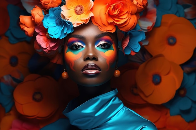 Photo une jeune femme africaine avec un maquillage coloré est assise dans une pièce sombre inspirée par le pop art et le flower power