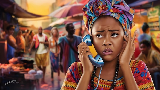 Une jeune femme africaine mécontente et confuse parle au téléphone.