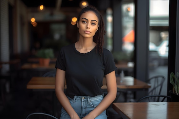 Jeune femme africaine portant un t-shirt noir en toile bella et un jean dans un restaurant confortable le jour de l'été Modèle de t-shirt de conception maquette de présentation d'impression générée par Ai
