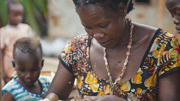 Photo une jeune femme africaine prépare un repas pour sa famille. elle utilise une casserole traditionnelle africaine et remue la nourriture avec une cuillère en bois.