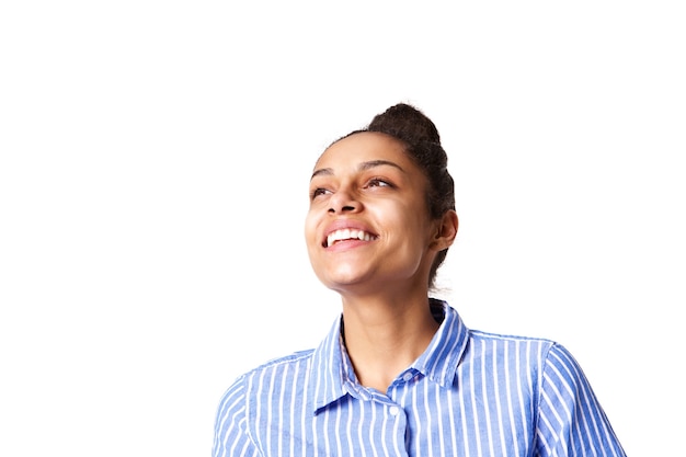 Jeune femme africaine, regarder loin, et, sourire