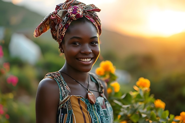 Une jeune femme africaine souriante au coucher du soleil