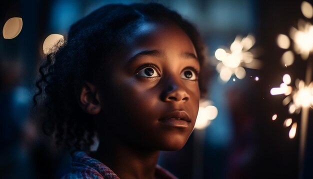 Jeune femme africaine souriante éclairée par les lumières de Noël générées par l'IA