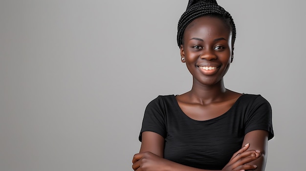 Une jeune femme africaine avec un sourire chaleureux porte un T-shirt noir Elle a les bras croisés devant sa poitrine