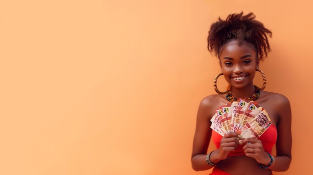 Photo une jeune femme africaine tenant et montrant 200 billets de cedi ghanéens mney sur orange portant un haut rouge