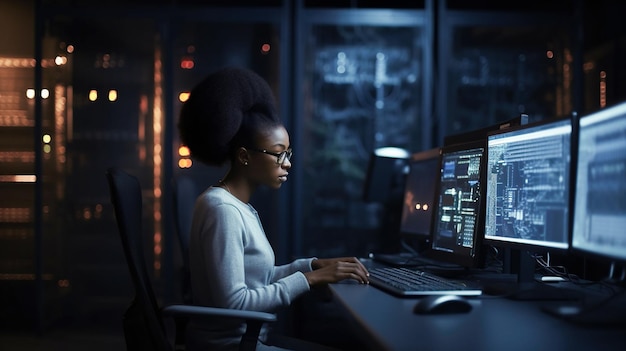Jeune femme africaine travaillant sur ordinateur la nuit dans un bureau sombre AI générative