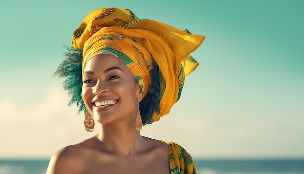 Jeune femme africaine en turban sur fond de plage