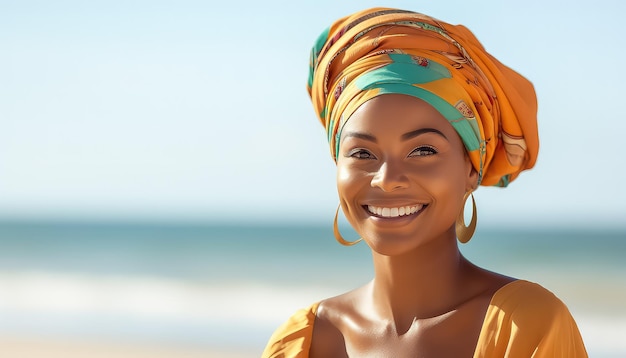 Jeune femme africaine en turban sur le fond de la plage