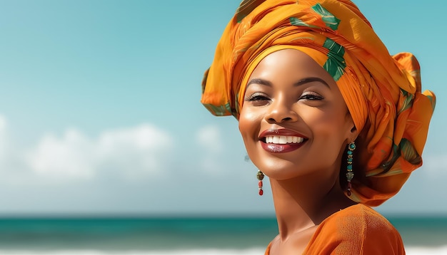 Jeune femme africaine en turban sur fond de plage