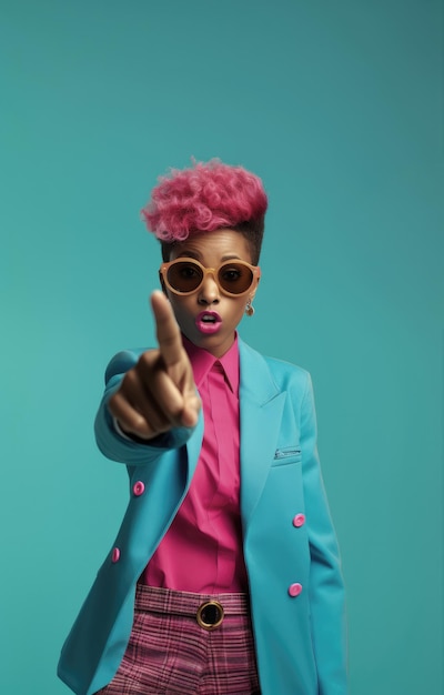Jeune femme afro-américaine avec une attitude effrontée de cheveux teints colorés criant et pointant le doigt vers le haut et le côté vers l'espace de copie vide Photo de haute qualité