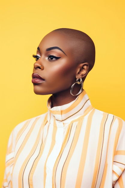 Jeune femme afro-américaine attrayante avec la tête rasée sur un fond jaune pastel