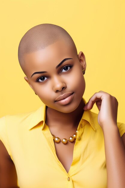 Jeune femme afro-américaine attrayante avec la tête rasée sur un fond jaune pastel