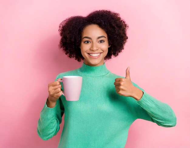 Une jeune femme afro-américaine attrayante tient une tasse de café, montre le pouce vers le haut, habillée en vêtements verts élégants.