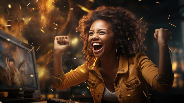 Photo une jeune femme afro-américaine aux bras ouverts dans une chaise sur un bureau de bureau