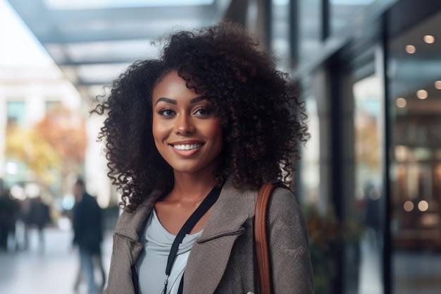 Jeune femme afro-américaine aux cheveux bouclés, debout devant un magasin
