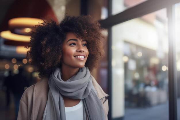 Jeune femme afro-américaine aux cheveux bouclés, debout devant un magasin