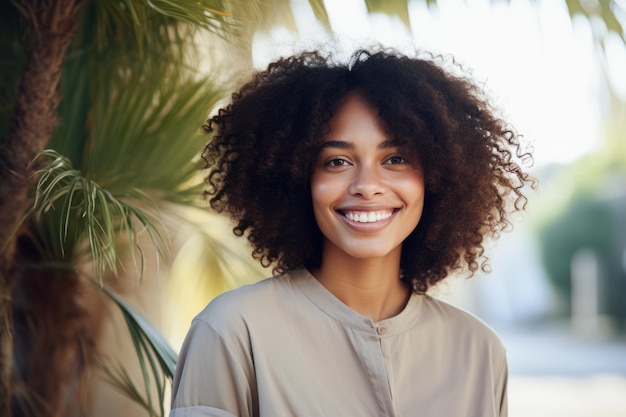 Jeune femme afro-américaine aux cheveux bouclés en vacances