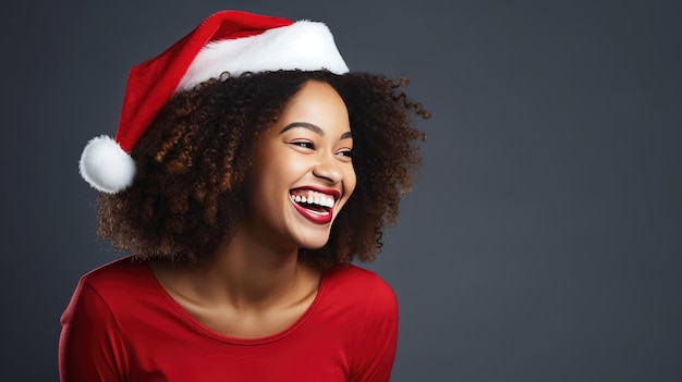 jeune femme afro-américaine en chapeau de père Noël créée avec la technologie Generative Al