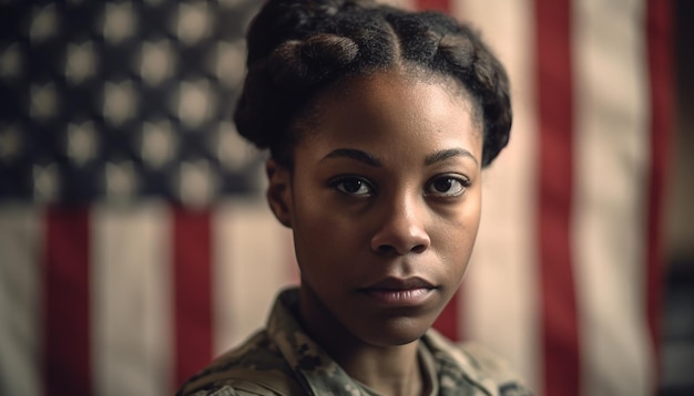 Une jeune femme afro-américaine confiante fait preuve de patriotisme à l'extérieur généré par l'IA