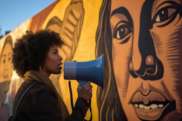 Jeune femme afro-américaine criant dans un mégaphone tout en manifestant contre le racisme