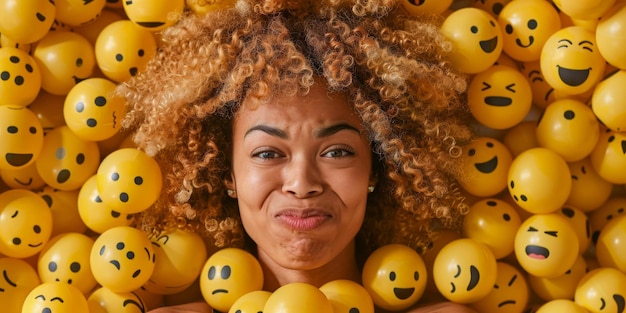 Photo une jeune femme afro-américaine entourée de boules d'emoji