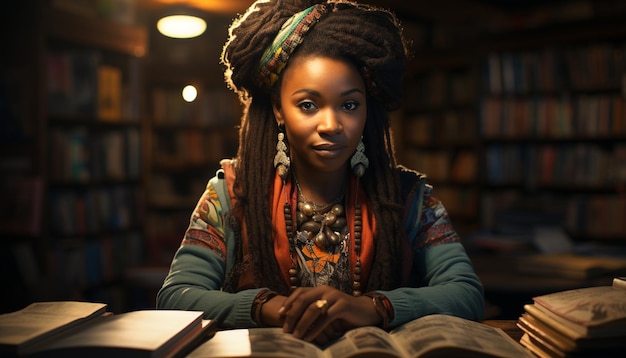 Photo une jeune femme afro-américaine étudie dans une bibliothèque entourée de livres générés par l'intelligence artificielle