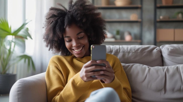 Une jeune femme afro-américaine heureuse tenant un smartphone.