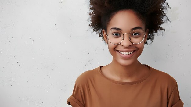 Photo une jeune femme afro-américaine joyeuse avec des cheveux bouclés volumineux portant des lunettes élégantes regardant la caméra avec un sourire denté