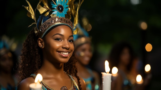 Une jeune femme afro-américaine joyeuse dans un costume de carnaval et tenant une bougie
