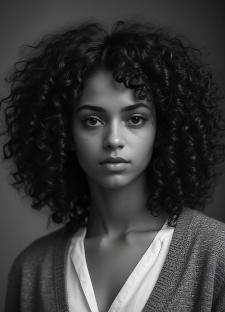 Photo une jeune femme afro-américaine avec de longs cheveux noirs bouclés et une expression sur son visage