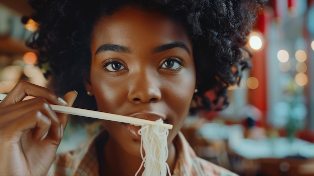 Une jeune femme afro-américaine mangeant des nouilles Shirataki