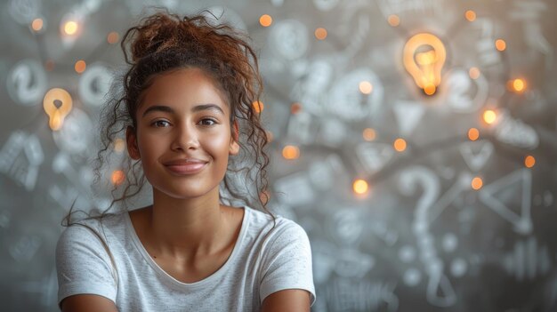 Une jeune femme afro-américaine portant une chemise blanche devant un mur de béton avec une ampoule et des points d'interrogation dessinés dessus Concept d'une grande idée