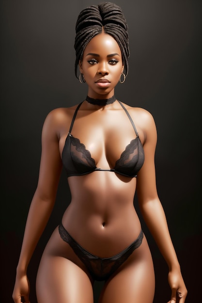 Une jeune femme afro-américaine sexy dans un soutien-gorge noir