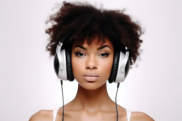 Une jeune femme afro écoute de la musique habillée de vêtements à la mode