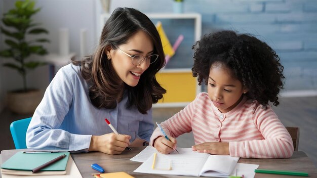 Une jeune femme aide une fille avec ses devoirs.