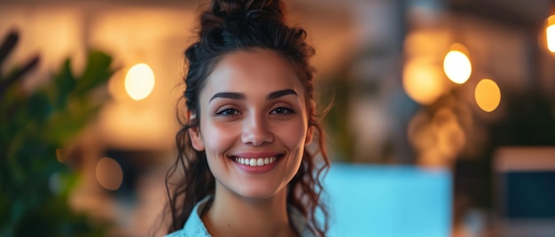 Une jeune femme aime travailler avec la technologie moderne au bureau avec un sourire