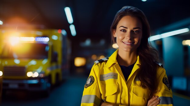 Une jeune femme ambulancière debout près d'un véhicule de service