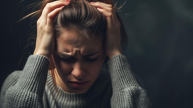 Une jeune femme anxieuse s'accrochant à sa tête dans une pièce sombre.